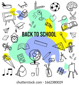 Back to school doodle vector illustrations. Hand drawn composition with school equipment.
