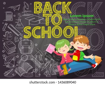 back to school doodle vector or kids flight on pencil illustration background