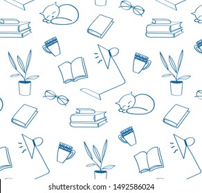 Back to School doodle wallpaper. Various school stuff for homework, table lamp, sleeping cat, cups, books, flower in a pot, glasses. Blue vector seamless pattern over white background.