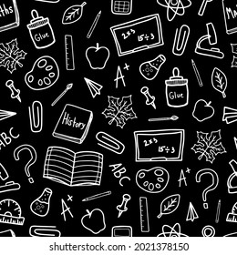 Back to school doodle white line drawn vector seamless pattern. Studying elements. Start of the school year. For wallpaper, fabric, posters, paper, craft , background.