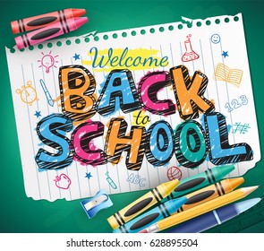 Back to School Doodle Written in a Piece of Paper with Colorful Crayons. Vector Illustration
