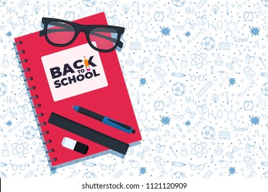 Back to school doodles background. Back to school seamless pattern. Hand drawn objects. Notebook, glasses and writing materials. Vector illustration.