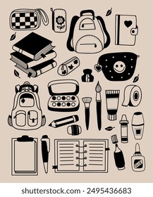 Back to school doodles. Backpack, accessories, pencil cases and books, notebooks, glue, marker, sharpener, stationery and hobby items, notepad, brushes and paints. Vector isolated hand drawings