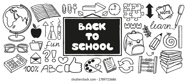 Cartel de regreso a la escuela, dibujado a mano con una delgada línea