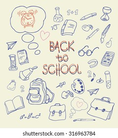 Back to school doodles in bright background. Vector  hand drawing icons. Linear illustration.  Back to School. 