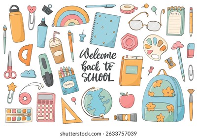 Back to school doodles, cartoon school supplies collection for stickers, cards, prints, banners, stationary and social media decor. EPS 10