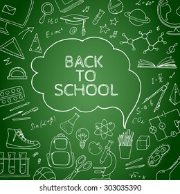 Back to school doodles in chalkboard background. Vector  hand drawing icons. Linear illustration.  