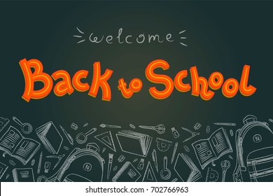 Back to school doodles in chalkboard background. Outline style. Back to school thin line vector doodle illustration template. Sketchy vector concepts with stationery for graphic design, web banner and