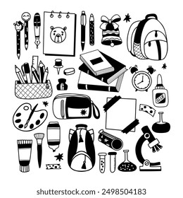 Back to school doodles. Collection accessories, Backpack, pencil cases, books, notebooks, stationery and hobby items, test tubes, notepad, brushes and paints. Vector isolated hand drawings.