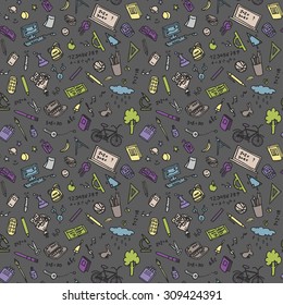 Back to School doodles color seamless pattern . Background in vector.