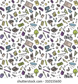 Back to School doodles color seamless pattern . Background in vector.