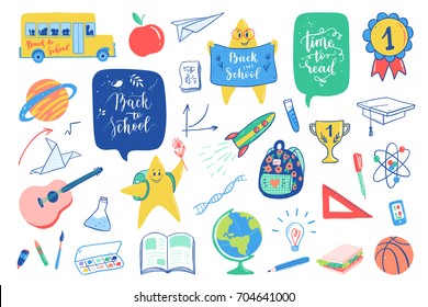 Back to school doodles elements set. Vector quote Back to school, Time to read with school bus, planet, rocket, character, globe, backpack, ball, reading, notepad, book, stars, airplane. School icons.