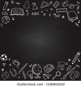 Back to school doodles hand drawn Line icons on Chalkboard Background.printing wallpaper.vector illustration 