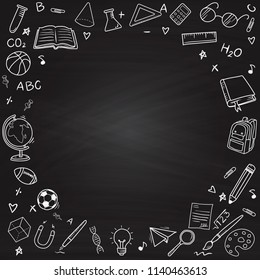 Back to school doodles hand drawn Line icons on Chalkboard Background.printing wallpaper.vector illustration 
