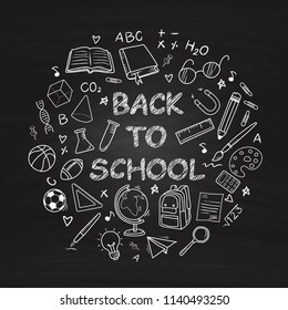 Back to school doodles hand drawn Line icons on Chalkboard Background.printing wallpaper.vector illustration 