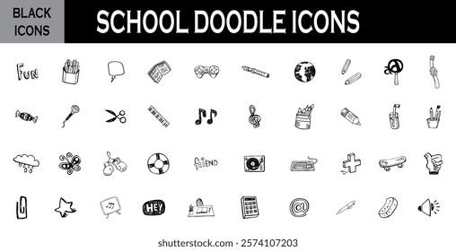 Back to school doodles. hand drawn line art. black sign icons.