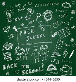 Back to school doodles. Hand drawn school icons set. Sketch school icons set. Vector illustration.