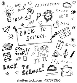 Back to school doodles. Hand drawn school icons set. Sketch school icons set. Vector illustration.
