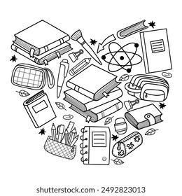 Back to school doodles. Heart made of stationery, school accessories, books, notebooks and pencils in pencil case, brush and eraser in hand drawing doodle style. Vector illustration. Concept education