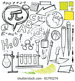 back to school doodles (laboratory, pen, pencils, lettering etc. symbols)