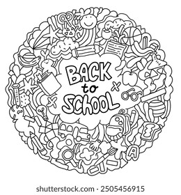 Back to school doodles lettering with bus, coffee, bag, basketball ball, glasses, pencil, toast, apple, book, pen. Education concept illustration for college season. 