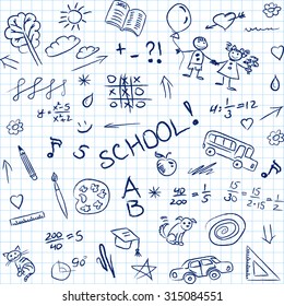 Back To School Doodles In Notebook, Seamless Pattern. Vector Illustration