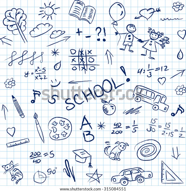 Back to school doodles in notebook, seamless\
pattern. Vector\
illustration