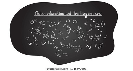 Back to school doodles on chalkboard black background. Online education concept, teaching or e-learning elements. Vector flat illustration
