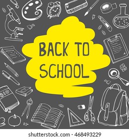 Back to school doodles on chalkboard background with yellow underline. Vector hand drawing line illustration.