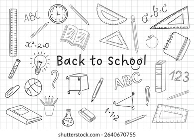 Back to school doodles on graph paper. Includes books, formulas, rulers, pencils and more. Great for educational projects and classroom decoration