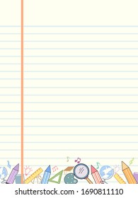 back to school doodles on lined notebook paper.
