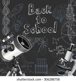Back to school doodles with optical equipment on blackboard background