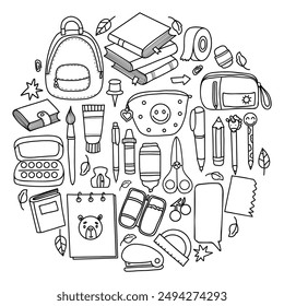 Back to school doodles. Outline drawing stationery and art supplies. Accessories for study, student equipment, hobby items. Isolated vector scribbles 