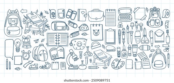 Back to school doodles. Outline hand drawings stationery and art supplies big set. Accessories for study, student equipment, hobby items. Vector illustration. Isolated scribbles on checkered sheet 