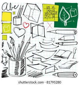 back to school doodles (pen, pencils, book, paper etc.)