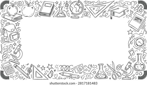 Back to School Doodles Rectangular Frame Border Black and White Outline Vector Illustration