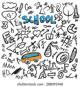 Back to school doodles set isolated on white, cartoon vector illustration design elements