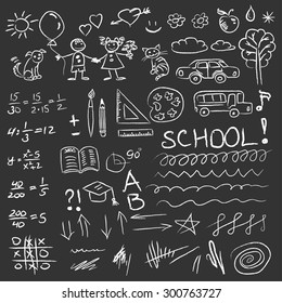 Back to school doodles set on blackboard. Vector 