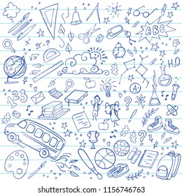 Back to school doodles set. Vector illustration. Perfect for textile fabric design, wrapping paper and website wallpapers.