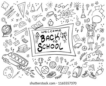 Back to school doodles set. Vector illustration. Perfect for textile fabric design, wrapping paper and website wallpapers.