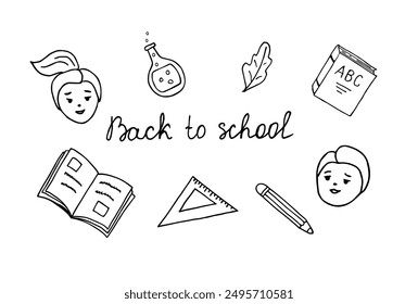 Back to school, doodles for the start of the school season, school supplies and lettering hand-drawn, isolated black and white boxes on a white background