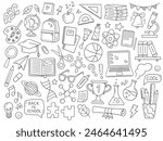 Back to school doodles. School supplies and educational elements. Hand-drawn vector illustrations isolated on a white background.