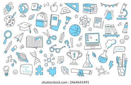 Back to school doodles. School supplies and educational elements. Hand-drawn vector illustrations isolated on a white background.