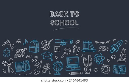 Back to school doodles. School supplies and educational elements. Hand-drawn vector illustrations for banners or promo. 