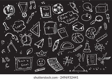 Back to school doodles. School supplies and educational elements. Black Background