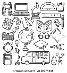 Back to school doodles. School supplies and educational elements. Hand Drawn school supplies doodle set. Sketch Style, Back to school line art collection