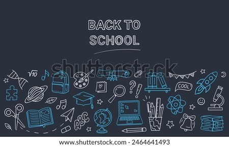 Back to school doodles. School supplies and educational elements. Hand-drawn vector illustrations for banners or promo. 