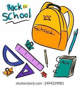 Back to school doodles. School supplies and elements. Hand drawn vector illustration of backpack, ruler, pencil, pen, notebook and clip.