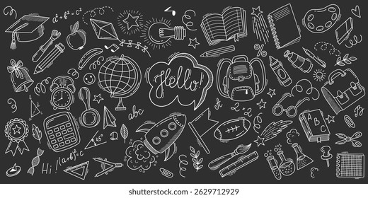 Back to school doodles with school supplies and elements drawn. Hand-drawn vector illustrations, including a large set of school items and doodle lettering. Kids-style ink icons for education concept