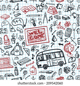 Back to School  doodles Supplies seamless pattern.Sketchy Notebook.Hand Drawing icons elements.Vector Illustration,background,backdrop,wrap,wallpaper ornament.Baby style,Education,Teachers day